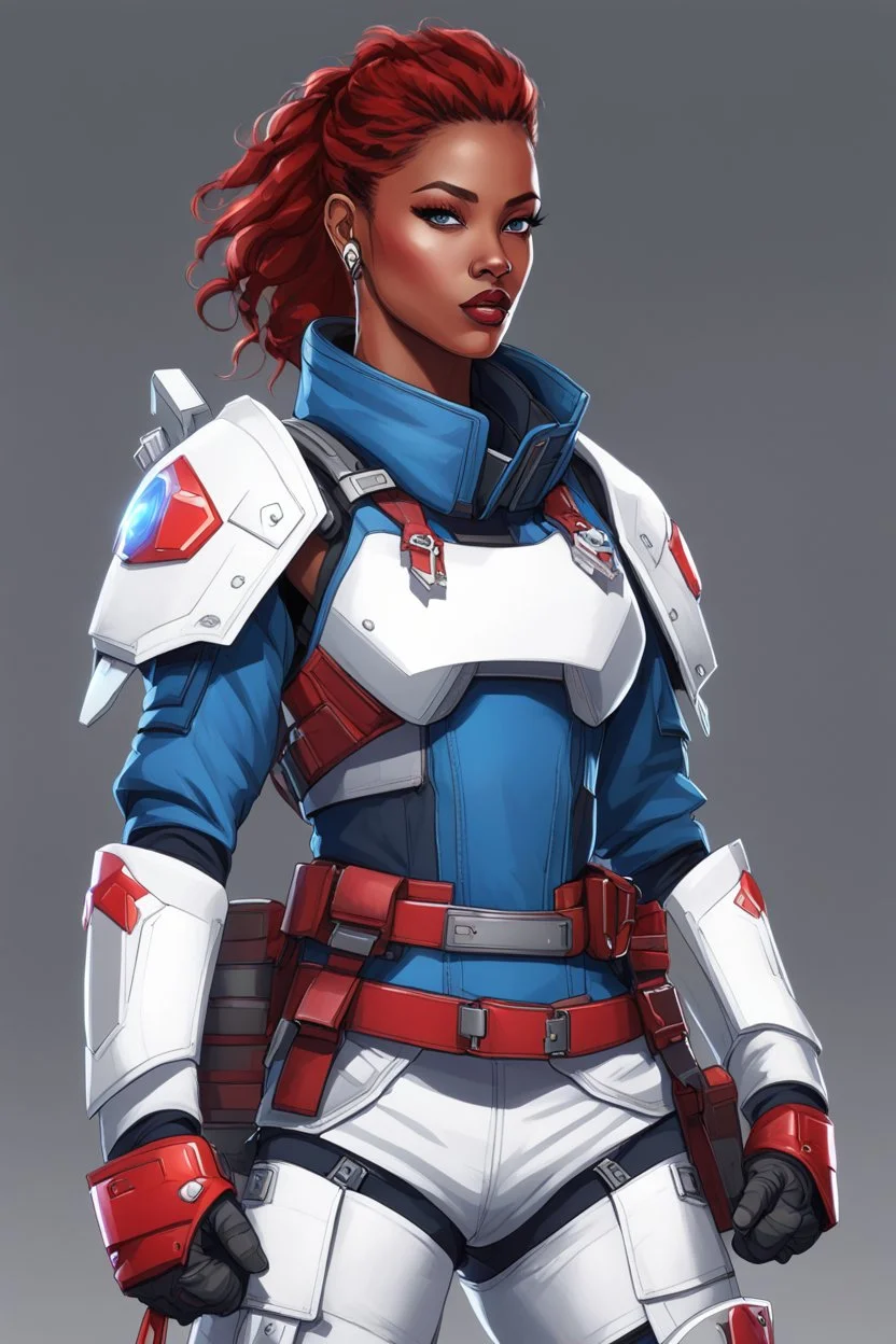 This illustration depicts a futuristic female warrior dressed in lightweight combat gear that blends technological aesthetics with fashion elements. The character wears a white jacket adorned with red armor plates, emphasizing protection and agility. A cropped blue tactical vest and denim shorts convey dynamism and strength. The gear includes knee pads, a tactical belt, and multifunctional gloves, highlighting combat readiness. The headgear features goggles and a communication device, enhancing