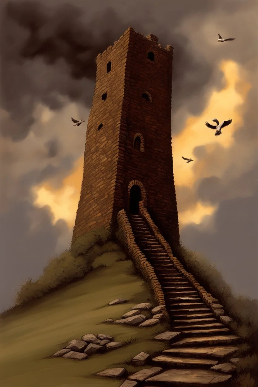 broken stairs leading up a steep hill to an old crumbling tower. Storm clouds. Eagles flying around the tower. By artist "Bluefooted",by artist "Peter Hurd"