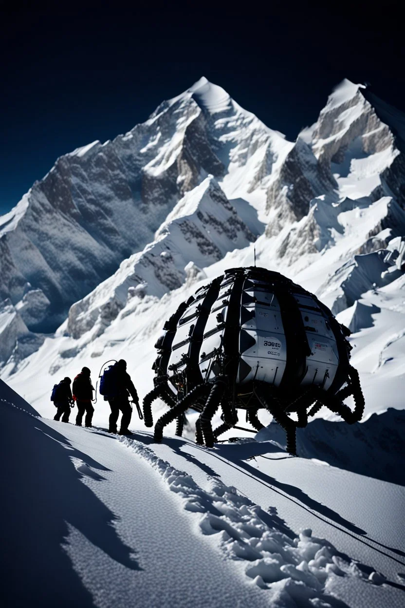 silhouette of a eight legs machine scaling a very steep snow covered side of mout everest at night, it has storage pods on its belly and humans can fit in the pods