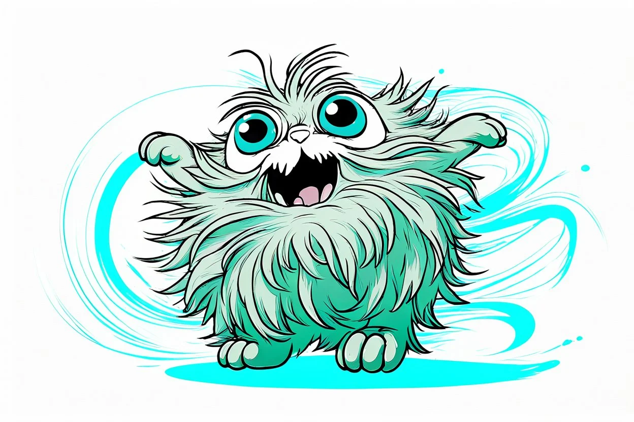 cute dust bunny fizzgig being swept into a magical wind vortex, fluffy gray detailed fur texture, dirty, oversized expressive eyes, open mouth panic fearful expression, dynamic diagonal motion pose, limbs reaching forward, body tilted in perspective, sense of speed and motion, flowing translucent teal and aqua wind ribbons, spiraling air currents forming a curved arc, soft tornado funnel in the top corner, painterly semi-transparent wind, 3d puppet