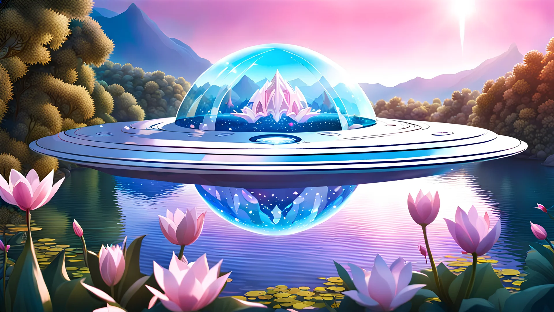 astronave di forma circolare argentata che vola sopra lago azzurro con cristallo blu trasparente nel centro, prati fioriti, cascate, alberi tropicali, fiori di loto, spirali di luce, zampilli di luce, dettagli intricati, dettagli decorativi, fate con ali cangianti che volano sul lago, delfini rosa che saltano