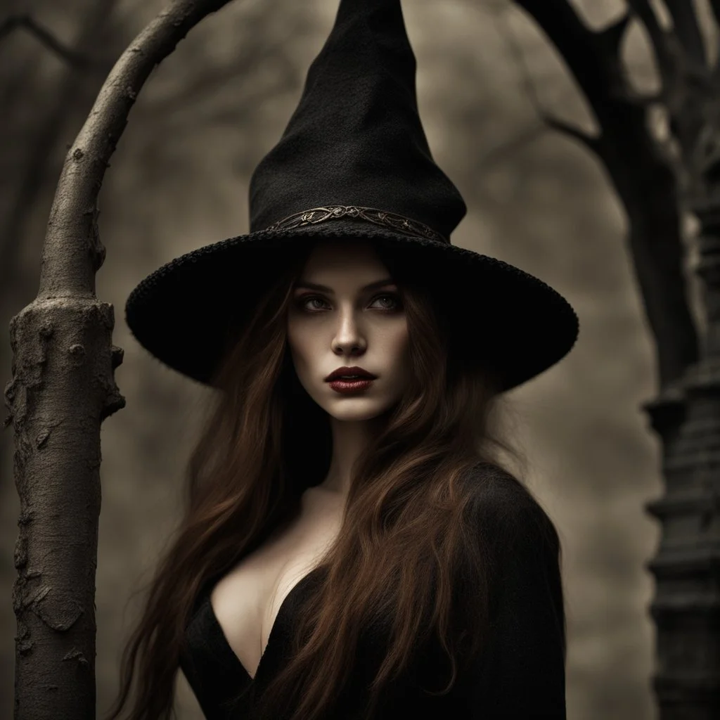 Witch with long brown hair and eyes, heart shaped lips, wearing dress and robesintricate details, HDR, beautifully shot, hyperrealistic, sharp focus, 64 megapixels, perfect composition, high contrast, cinematic, atmospheric, moody