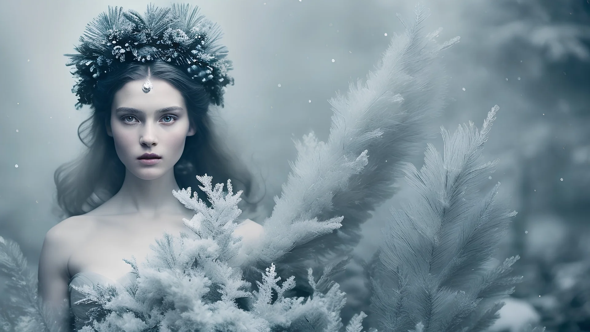 photoreal magnificent twenty year old frosted fierce angelic goddess of the christmas forest with frost covered skin and a gorgeous blue dress in a decorated christmas tree forest with baubles and candles in holy mist and snow by lee jeffries, otherworldly creature, in the style of fantasy movies, photorealistic, shot on Hasselblad h6d-400c, zeiss prime lens, bokeh like f/0.8, tilt-shift lens 8k, high detail, smooth render, unreal engine 5, cinema 4d, HDR, dust effect, vivid colors