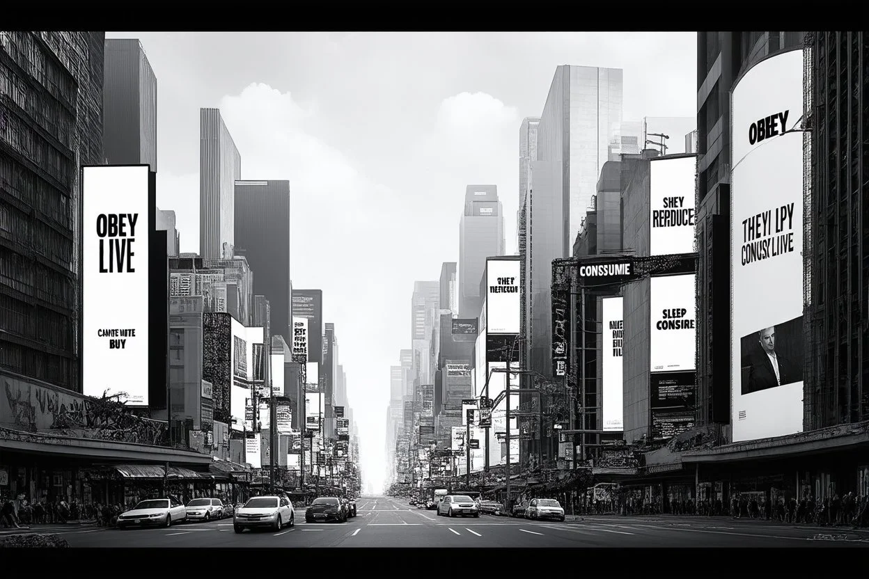 greyscale cityscape; many large white billboards populate the city with black block lettering with single word text "OBEY", or "REPRODUCE", or "CONSUME", or "BUY", or "SLEEP", 'They Live' movie by John Carpenter movie still, modern movie city panorama aesthetic, concept art