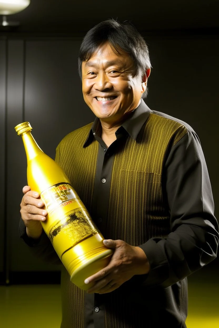 helicopters dropping dollar bills Robert Kiyosaki standingnext to giant golden milk bottle that say milk on STYLE OF HIROKU OGAI