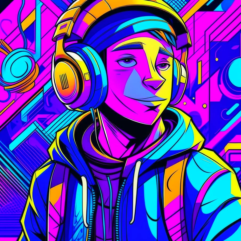 masterpiece, intricate details, a wide angle 2D anime bold line flat color illustration of a cheerful boy in a high purple hoodie and headphones in hip hop style, dopamine style, overlaying mixed patterns of pop art text and emoji device installations, sharp focus, charming character illustration, beautiful vibrant kuler palette gradient