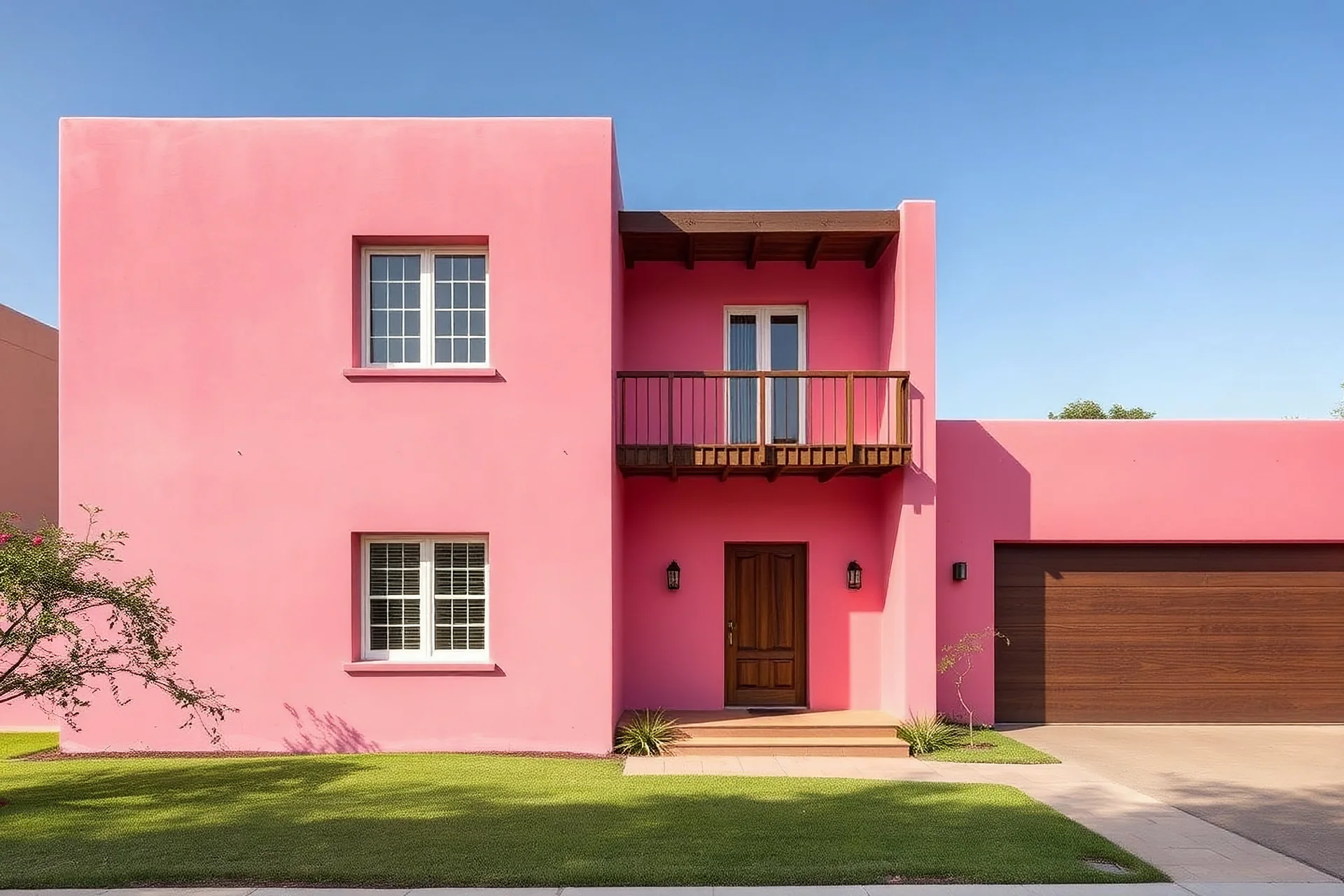 fachada de casa mexicana con el estilo arquitectonico de luis barragan colores rosa compuesta por dos niveles y un acceso principal de madera aun costado