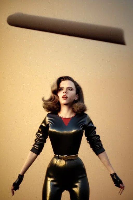 retro portrait image from 1960, New York explosion, long hair, young Scarlett Johansson, classic black tight lycra suit, weapon metal sticks, gold bracelet and belt, high heel boots, soft color, highly detailed, unreal engine 5, ray tracing, RTX, lumen lighting, ultra detail, volumetric lighting, 3d, finely drawn, high definition, high resolution.