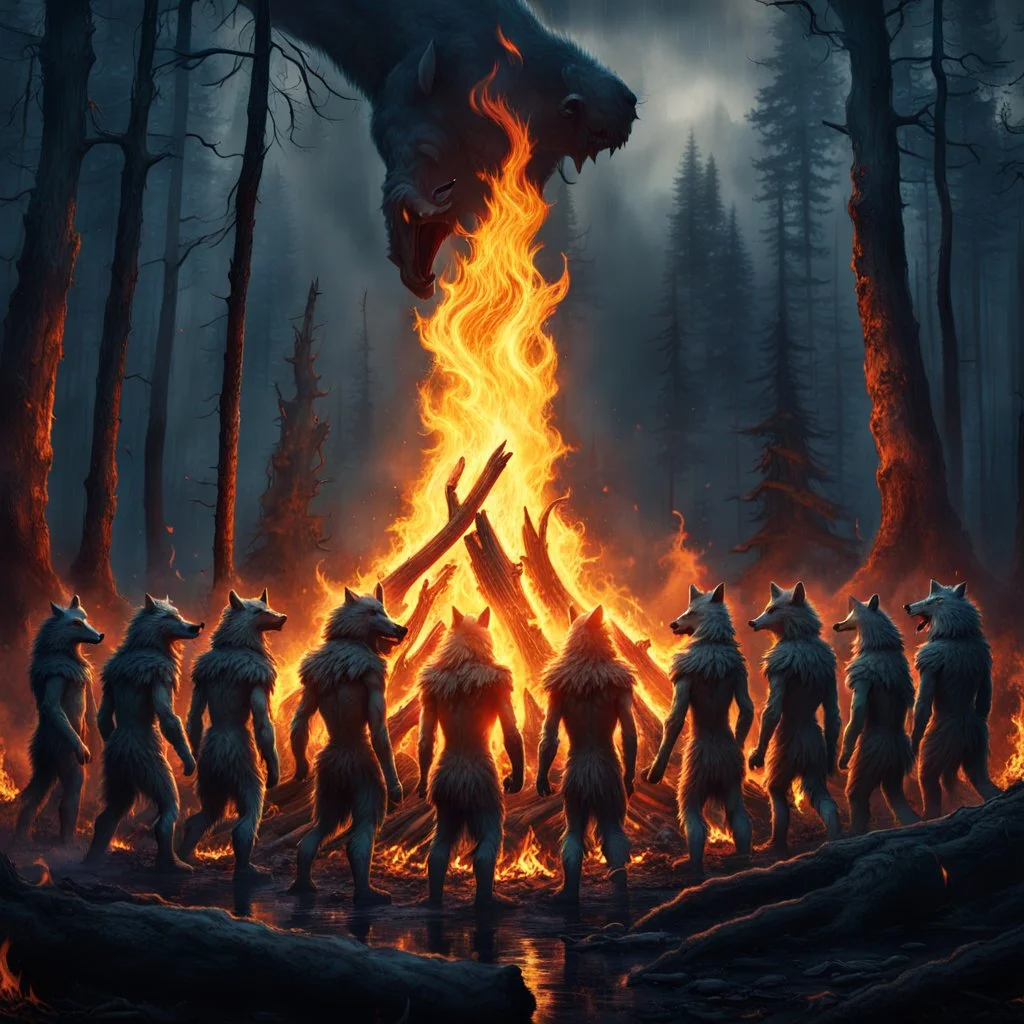 close up one large bonfire with its flames rising high in a clearing, around the bonfire many anthropomorphic wolf humanoids crying, dancing, singing and just watching the flames. rain, cold deep colors, around them in the background dark trees with huge trunks, rainy day, high contrast, high detail, atmospheric, dark fantasy, sci-fi atmosphere, cinematic