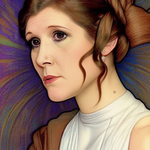 [[extrem stunning photorealistic Carrie Fisher as Princess Leia]] :: [[photorealistic hazel iris, short hair, head and shoulders portrait, 8k resolution photorealistic portrait by Alphonse Mucha, dynamic lighting, hyperdetailed, intricately detailed, triadic colors]]