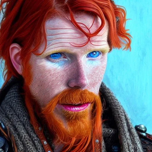 Portrait of Courtney Gains as a ruggedly handsome but joyful roguish pirate, charismatic, attractive male, masculine, perfect, precisely detailed, lightly freckled face, meticulously detailed multi-hued ginger carrot colored cherry fire red hair; Malachai of the corn; fantasy, intricate, elegant, highly detailed, digital painting, artstation, concept art, matte, sharp focus, illustration, art by artgerm and greg rutkowski and alphonse mucha