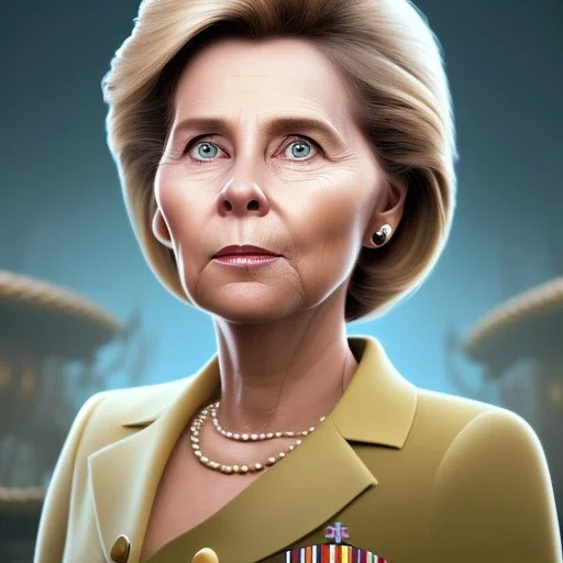 Ursula von der Leyen, Pixar Studio movie style, pixar's UP style, rounded face, wrinkles, circular reflective eyes, large cheekbones, huge forehead, huge hair, smooth lighting, cartoonish, portrait of a politician,