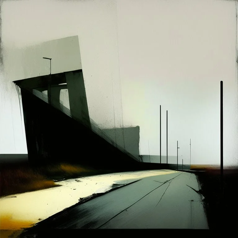 A desolate concrete road jwith steps to a bridge. In the style of Justin Mortimer and Phil Hale. Minimalist contemporary painting with rough brushstrokes.