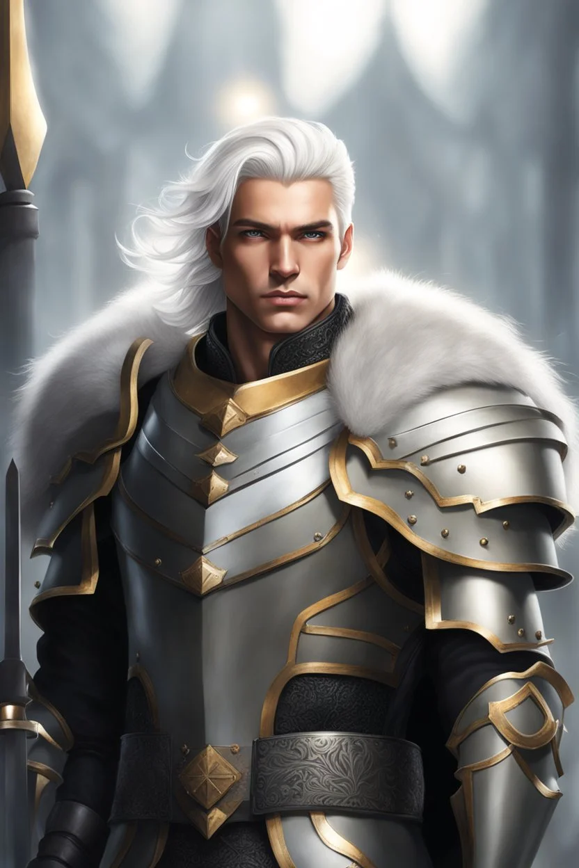 Male Tan Human, White Hair, Handsome Face, King Crown, Dark Heavy Armour, Black colour theme, Dark Background