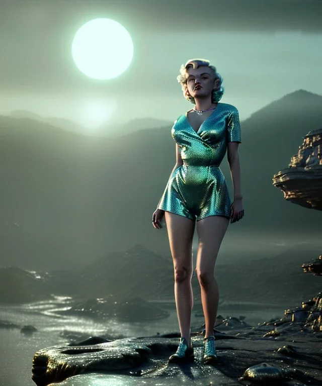 Ultra Realistic retro sci-fi 1960 scene, waist up view portrait, blonde woman, sweet young Marilyn Monroe face, perfect iris, tight latex coat, alien planet background, tight style, steel sphere dron levitating, fog, rain, soft color, highly detailed, unreal engine 5, ray tracing, RTX, lumen lighting, ultra detail, volumetric lighting, 3d, finely drawn, high definition, high resolution.