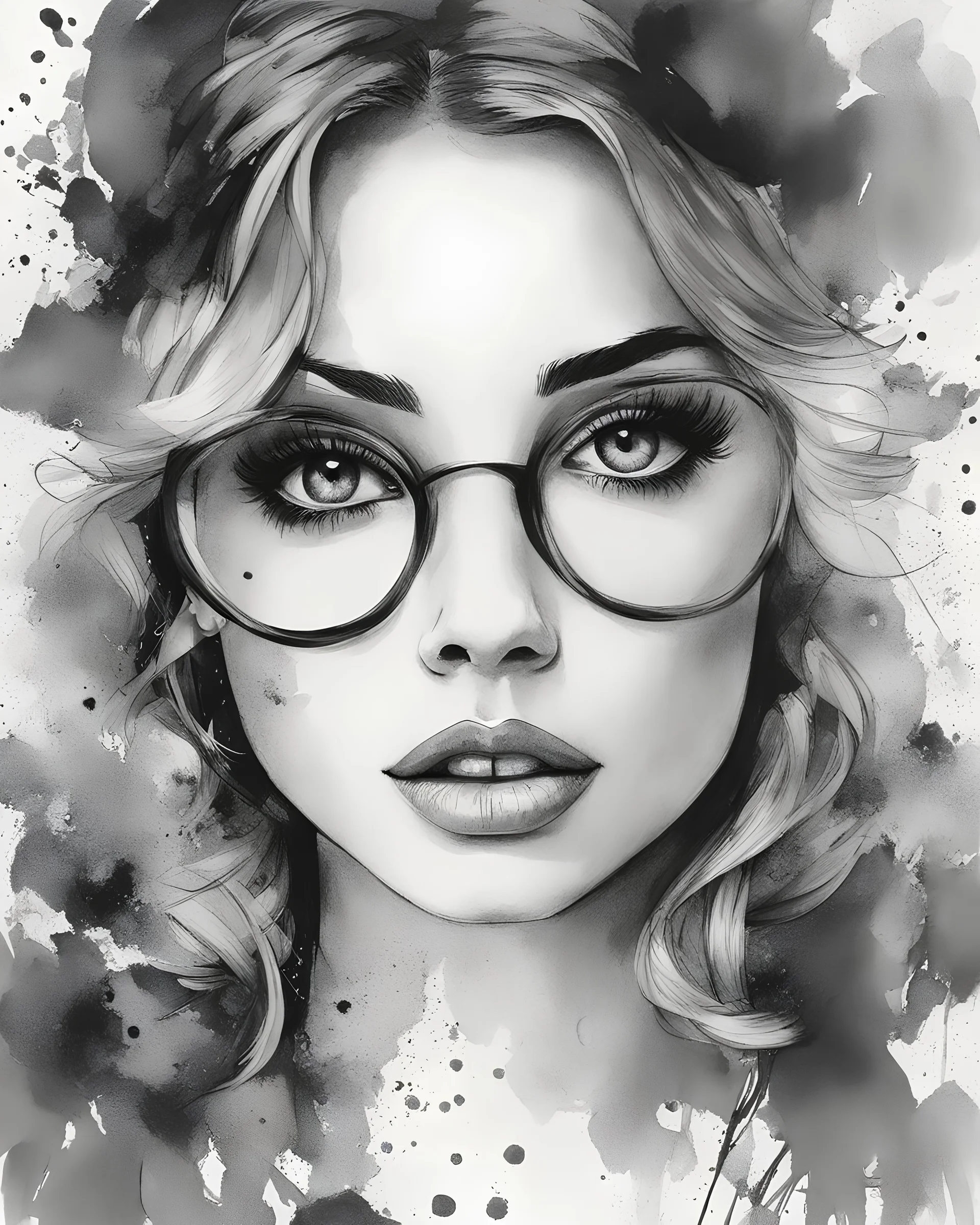 A captivating minimalist pencil and ink splash drawing that masterfully highlights the essence of a Dolly Partons face. The subject's eyes, nose, lips, and cheekbones are accentuated with a few skillful strokes, while the ink splashes add a dynamic and expressive element. The white background accentuates the drawing, providing depth and contrast, allowing the viewer to fully appreciate the artistry and emotion captured within the piece.