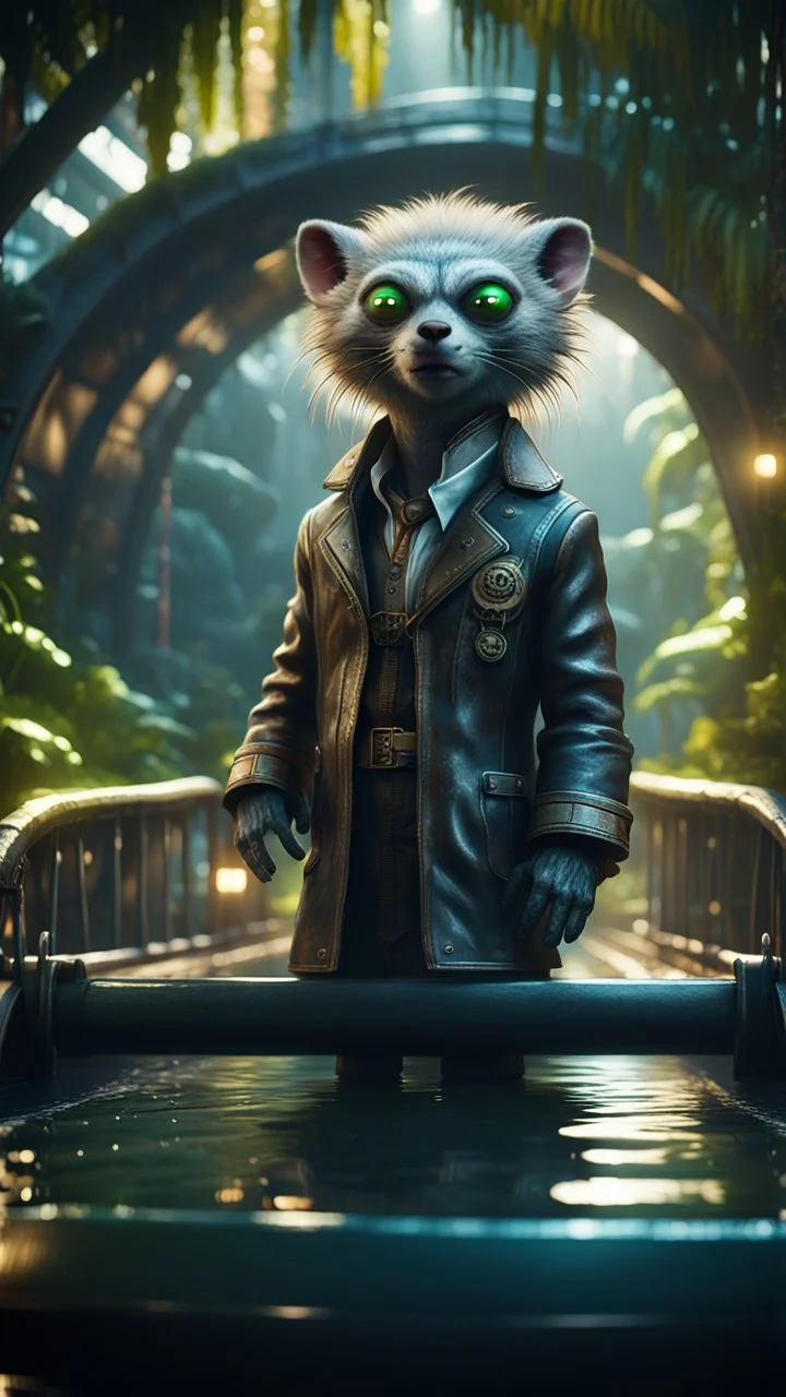 photo model furry hairy pimp rocker priest alien seal on boat bridge over water slide in dark lit reflective wet jungle metallic hall dome hotel tunnel, in the style of fallout 4 game,bokeh like f/0.8, tilt-shift lens 8k, high detail, smooth render, down-light, unreal engine, prize winning