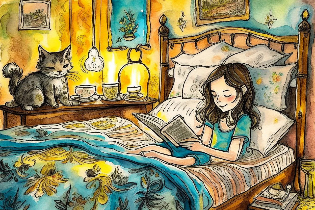 Vibrant sketch and charcoal, shiny metallic effect watercolor, white edges, egy arany-fekete pizsamát viselő kék szemű brunette lány vidáman olvas a hímzett virágos needle felt mohair ágyneműs ágyban, tiffany lámpa a kisasztalon, kandallótűz, cirmos cica fekszik a paplanon, in firelight