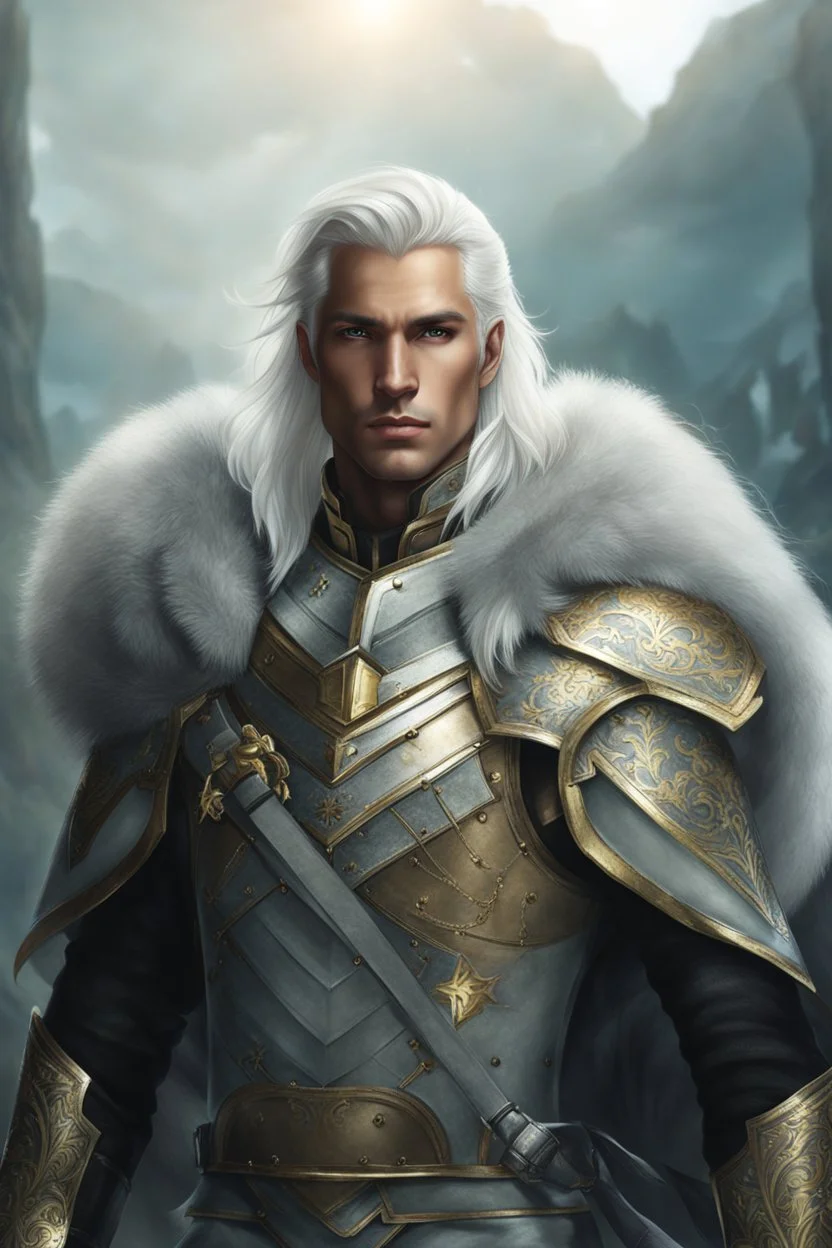 Male Tan Human, White Hair, Handsome Face, Black and Gold Armor.