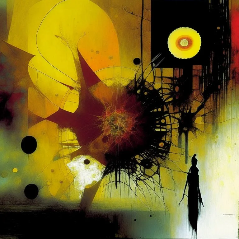 Exponential decay paradigm shift, abstract surreal horror, by Dave McKean and Arthur Secunda and Squeak Carnwath, acid wash mind-bending illustration; asymmetric, warm colors, dark shines, atmosphere guided by N(t)=N0​⋅e−kt