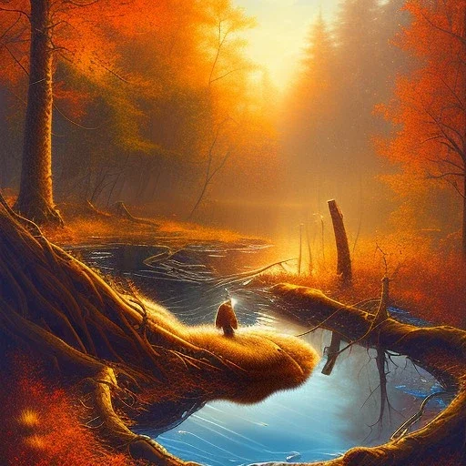 fantasy art, book illustration, upper body of beaver in his dam ,autumn water, icy frame