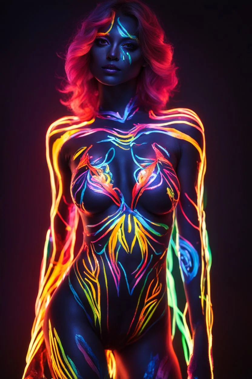 Beautiful woman body painting art neons glowing light in the dark and colorful details