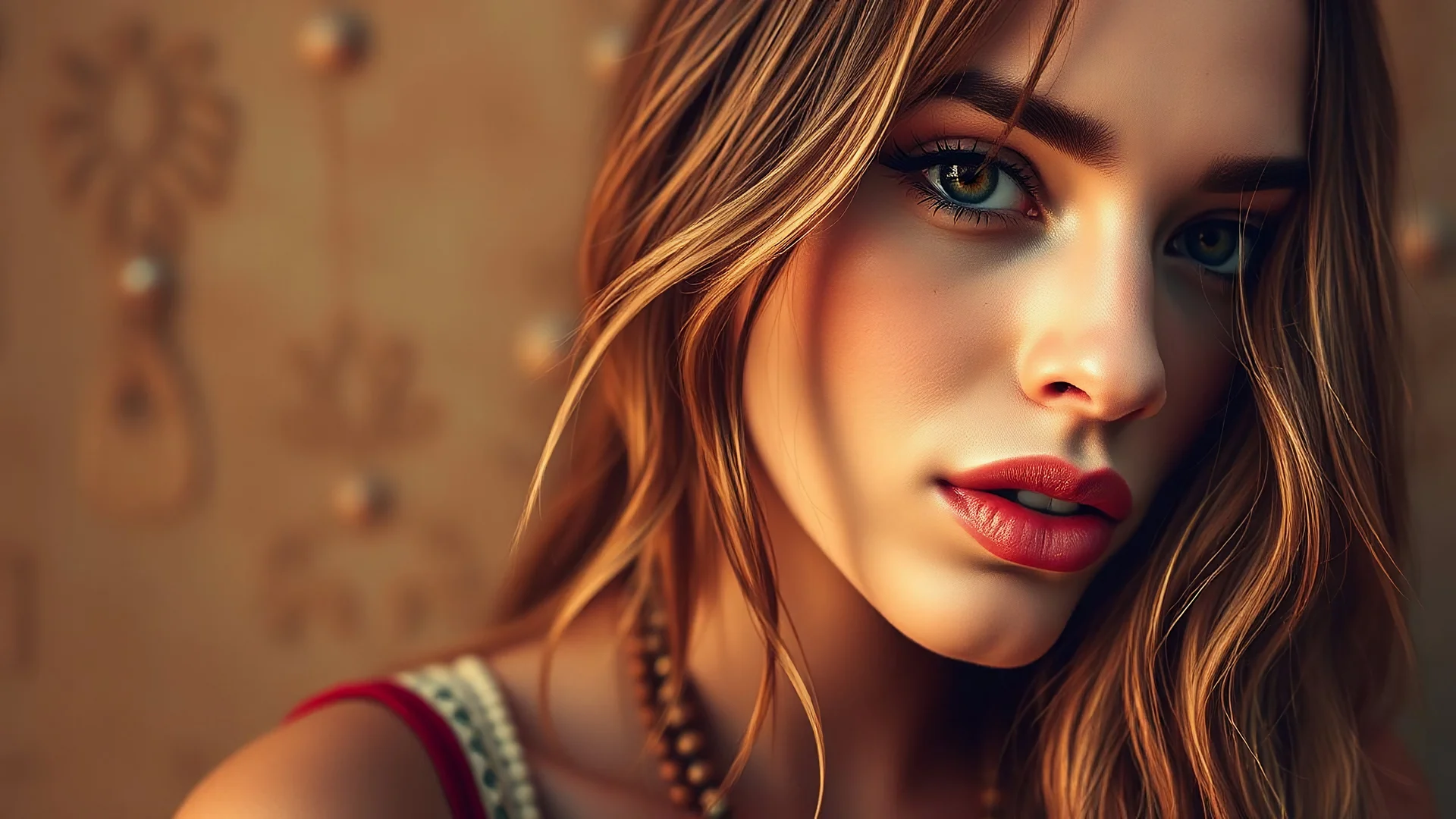 texture in a digital style, chic bohemian babe, sharp outline, clear depth of field,