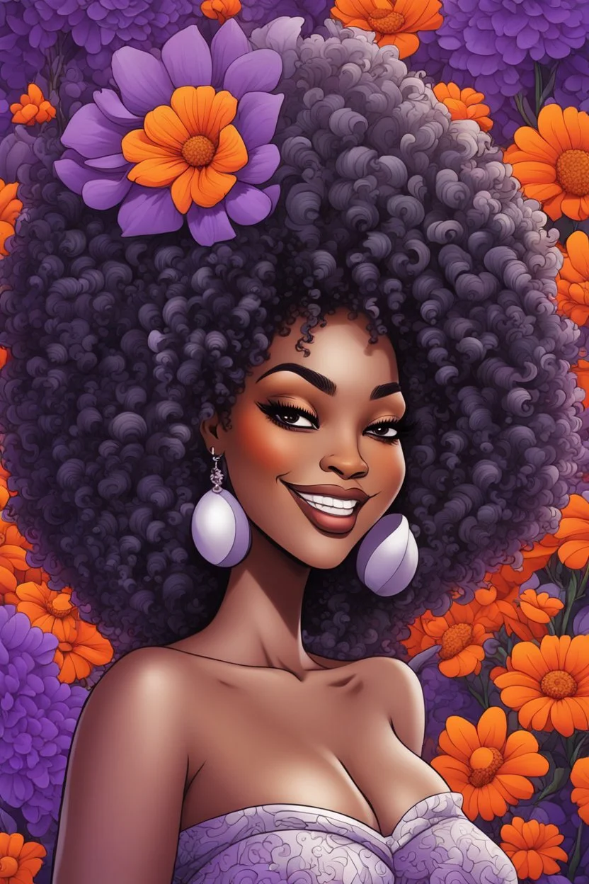 Create an psychedelic cartoon image of a curvy black female wearing a grey off the shoulder blouse and she is looking down with Prominent makeup. she smiles with platinum cap on one tooth . Highly detailed tightly curly black afro. Background of large orange and purple flowers surrounding her