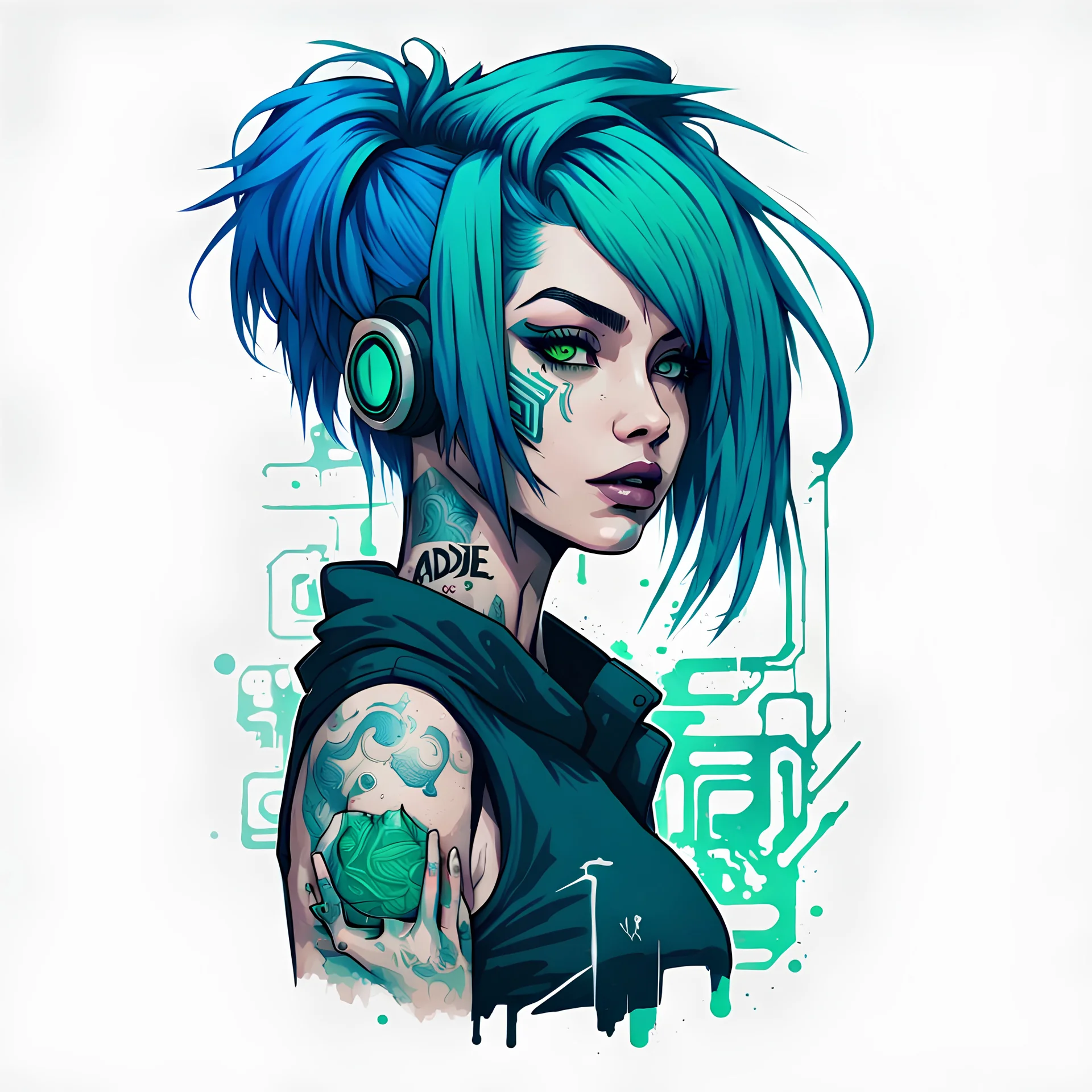 -shirt design, cyberpunk, art girl for style tattoos, blue green hair, with text "addie". Grafity style. White background.