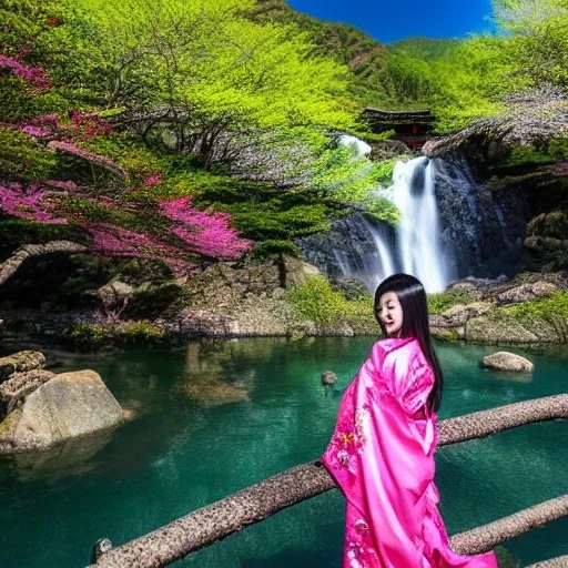 jolie femme asiatique en kimono près d'une cascade d'eau transparente entouré de cerisiers du japon avec aurore boréale rose