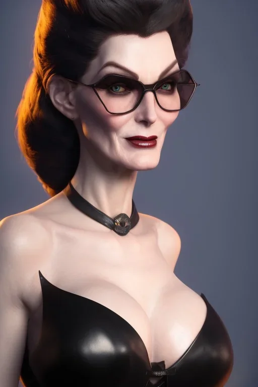 Carmen Dell`orifice as evil queen in black leather, leather, busty, cleavage, angry, stern look. character design by cory loftis, fenghua zhong, ryohei hase, ismail inceoglu and ruan jia. unreal engine 5, artistic lighting, highly detailed, photorealistic, fantasy