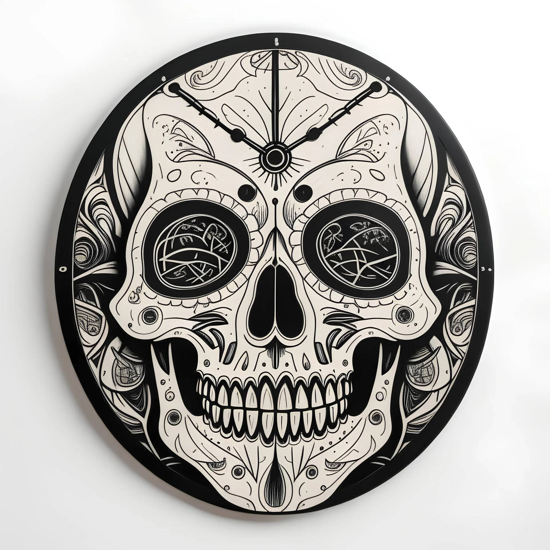 modern Mexican black and white skull outline printed on plywood clock face