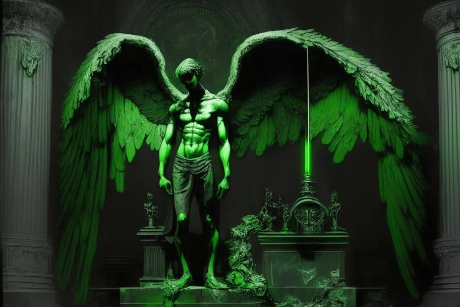 angel hombre negro y verde parado en un altar