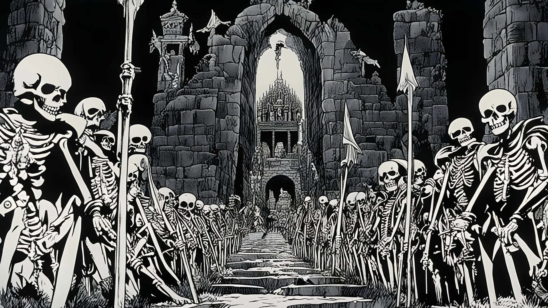 Skeletons rising up from his tombs, dvd screengrab, manga, from 1980 dark fantasy, style by Kentaro Miura