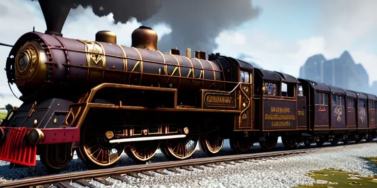 a beautiful steampunk train, tiny details, intricate, detailed, volumetric lighting, steam, rainy, reflective