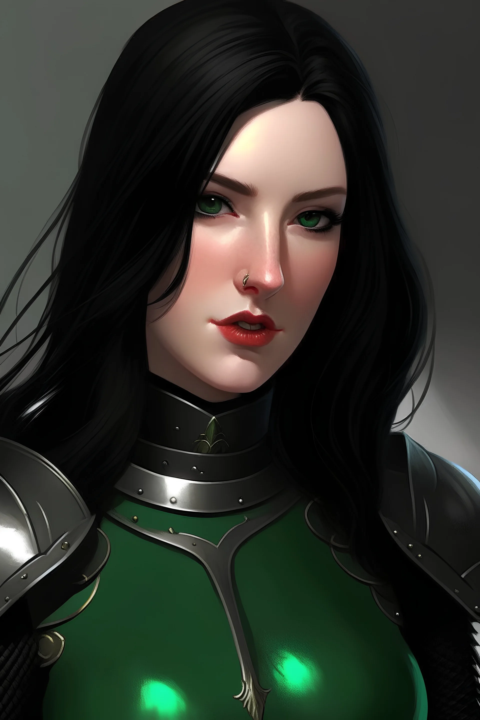 female knight with black hair and green eyes in black armor