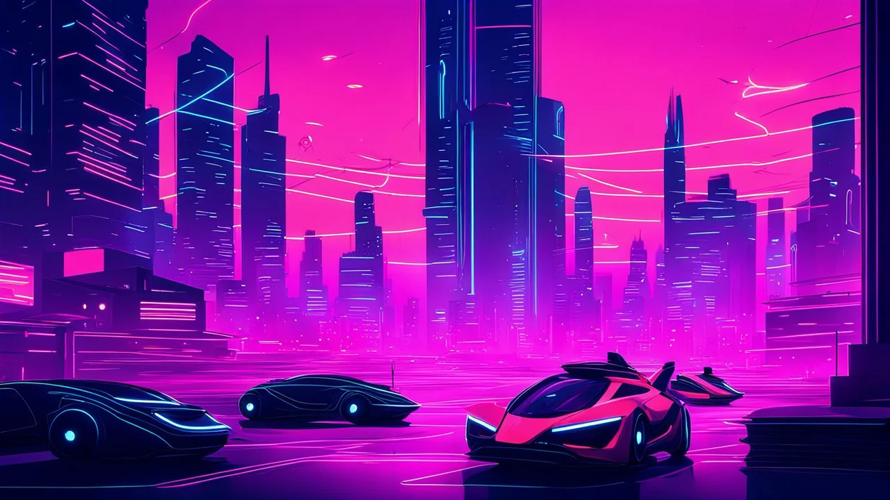 A futuristic cityscape at night with neon lights and flying cars.