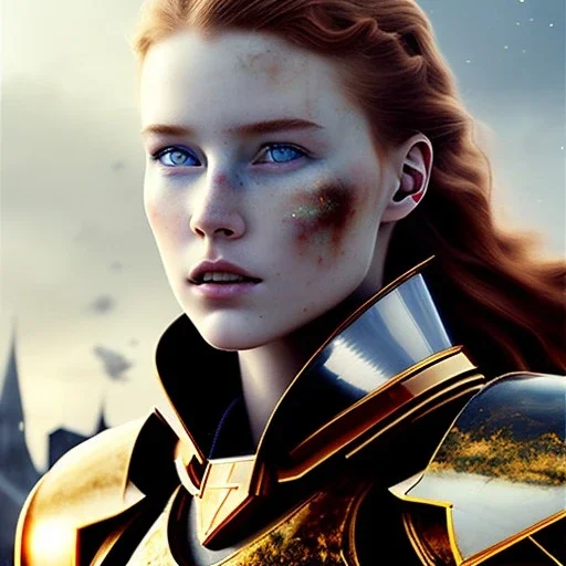 ultrarealistic, ruined city,__sci-fi armor__, __angles__, 18 year old woman, strikingly beautiful, ginger hair, _colour_, [__starlets__|__starlets__], (pale __skincolor__ skin:1.2), __camera__, _hair_, detailed face and eyes, medium breasts, leather choker, freckles, dynamic pose, resolved expression, __accessory__, strappy outfit, (straps:1.1), sword in scabard on left hip, (buckles, buttons, snaps, rings:1.0), haltertop style breastplate, detailed eyes, plump lips, sci-fi theme