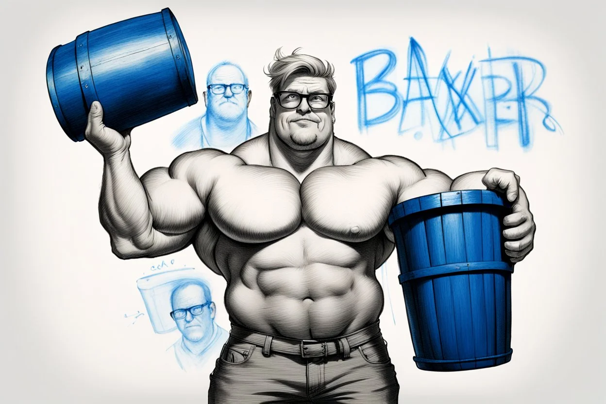 a very swedish strongman, big muscles and short light hair, pair of glasses, holding one big blue barrel above his head, a drawing with sketch lead pencil, The word BAXER floating