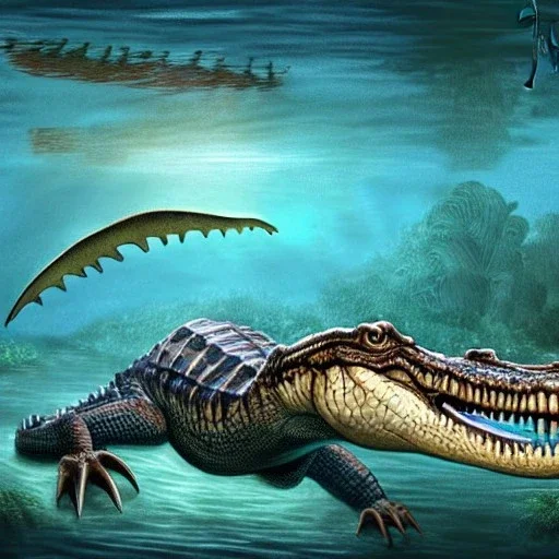 beautiful, stunning paleoart of alligator with fins and fishtail deep underwater, coral reefs, plants, in the style of eleanor kish, davide bonadonna, julius csotony, fabio pastor, wide field of view, Jurassic Park photorealistic, illustrative, digital art, 8k resolution, detailed matte, painting, artwork, deviantart