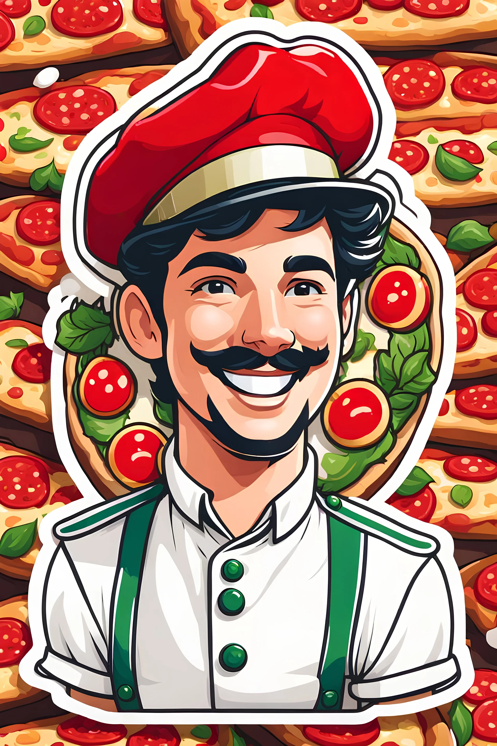 A vibrant and stylized sticker of a young, happy Italian man in a traditional kitchen uniform, complete with a red hat. He is adorned with a playful smile, a black mustache, and a pair of stylish sideburns. The man is known as the Pizza Man, and he is confidently presenting a large, mouth-watering pizza to the viewer. The pizza is fresh out of the oven, with a perfectly crispy crust and an array of colorful toppings that pop against the sticker's white background. The pizza man's image is outlin