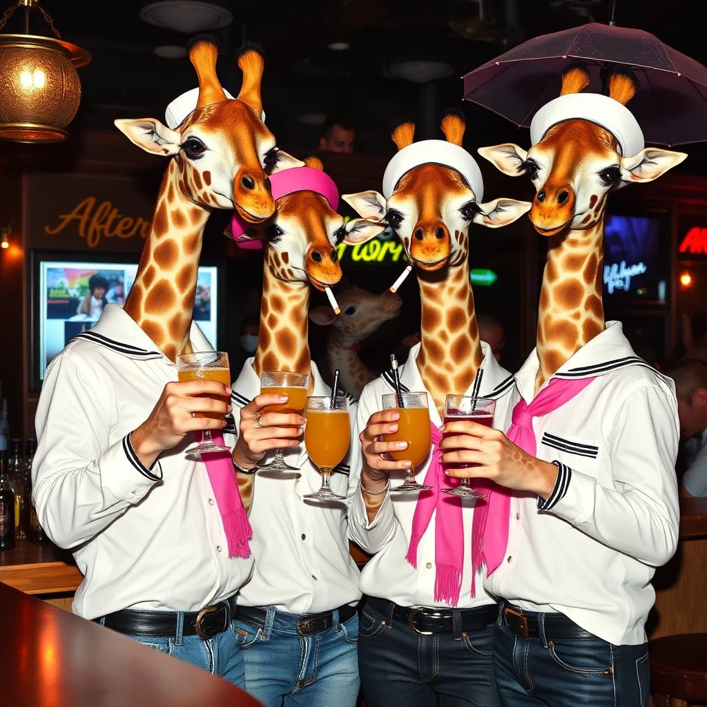 very Gay Giraffes sailors with white shirts and berrets and tight jeans standing in a bar drinking drinks with umbrellas, pride, makeup, smoking ciggarets, smiling, sparkling eyes, very happy, after dark, pink scarf, happy hour drinks sign, necking,