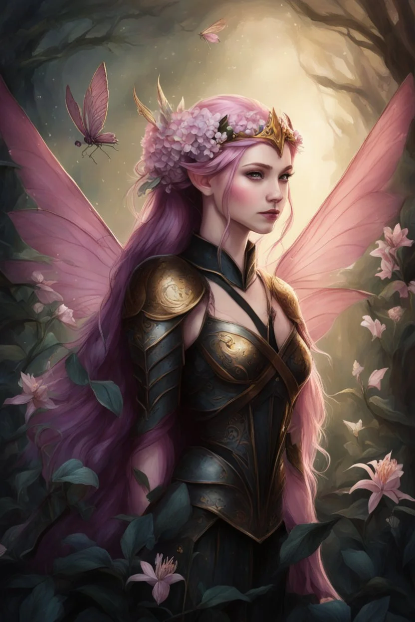 Pink,Hydrangea,orchids,lilies of the valley,night,pink hair,rapunzel hair,elven crown,dragonflies,pointed ears,elven ears,dark fairy princess,sparkle,,dark gold armour,fairy wings,pink