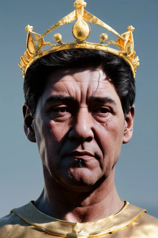 Ultra Realistic image, classic sculpture, white marble material, Maradona, gold saint crown, gold veins, gold ornaments, sun rays background, waist up portrait, epic, celestial, cinematic lighting, God lights, 4k resolution, smooth details, soft lighting, unreal engine 5, art station, substance 3d.