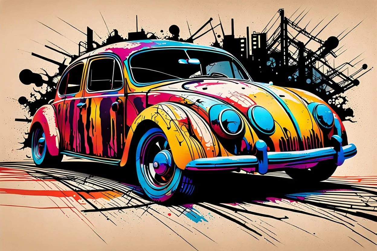 create an abstract, vibrantly colored woodcut of battered and beaten Volkwagen beetle rat rod with highly detailed and deeply cut features, lost in a horrific post apocalyptic world, in the style of KATHE KOLLWITZ , searing lines and forceful strokes