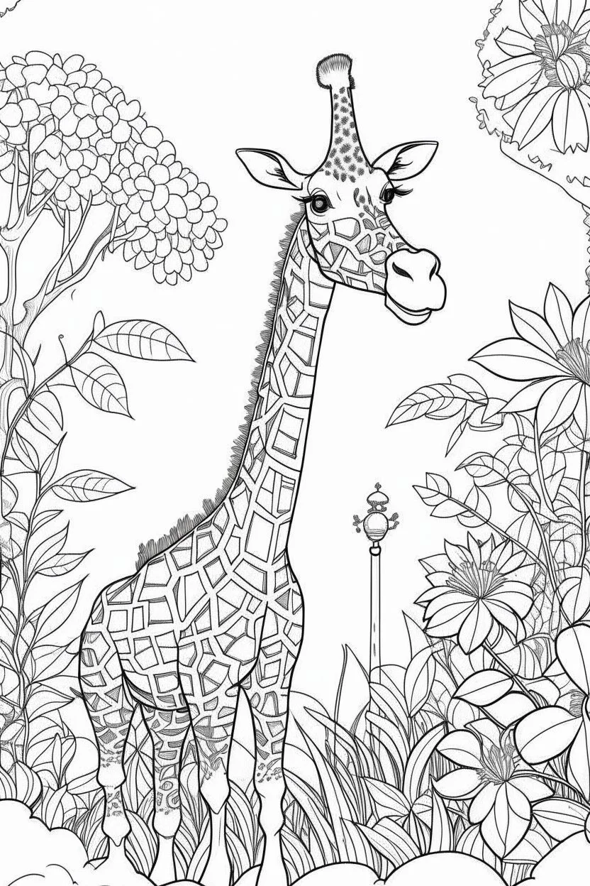 Outline art, giraffe in the garden, cartoon style, black and white, low detail, no shading, --ar 9:11