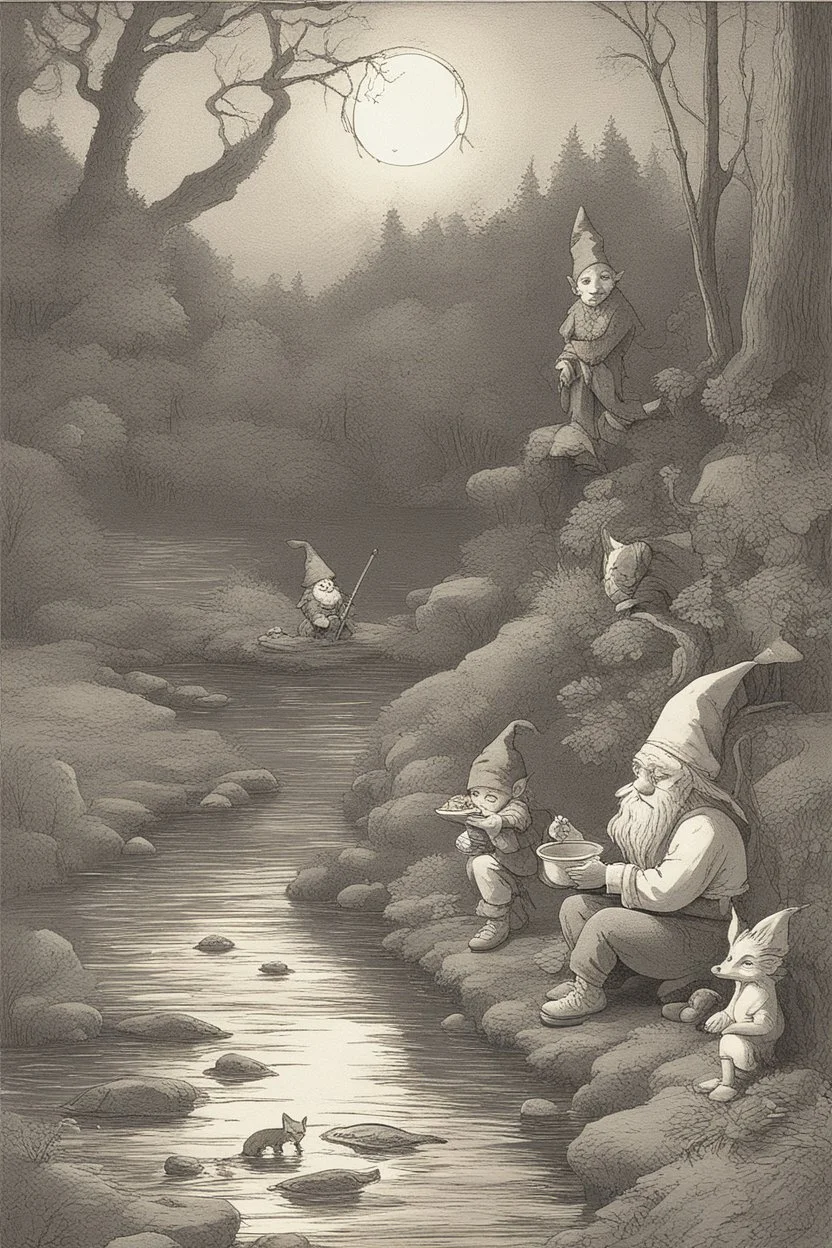 a gnome and a goblin eating in front of a fish fire with figure with fox mask behind, riverbank, night, moonlight,