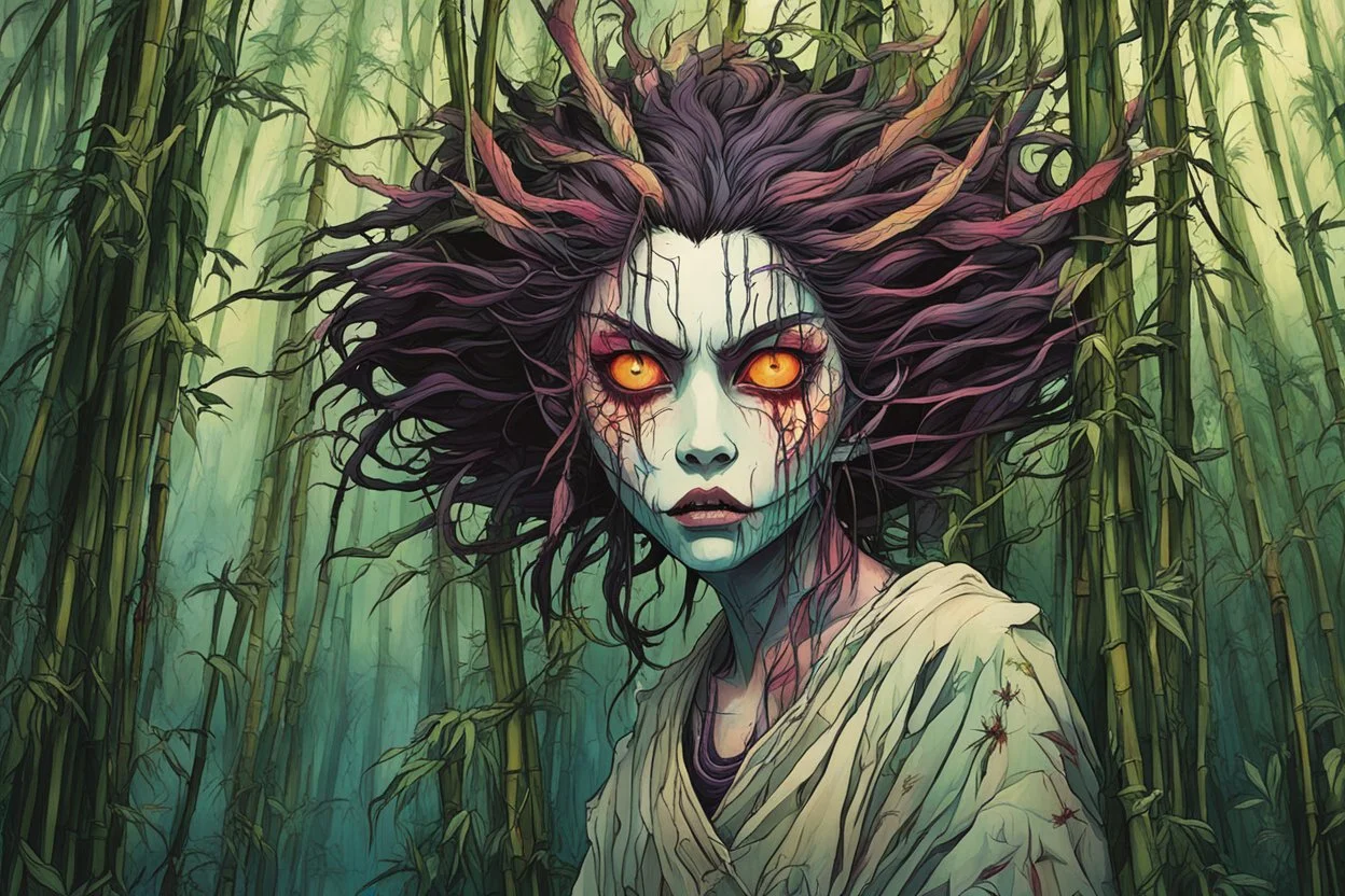 full color front facing portrait of a jorogumo possessed woman with highly detailed hair and slim, narrow facial features, trekking through haunted mountain bamboo forest, pierced by shafts of early evening light , danger lurks everywhere but she is undeterred and resolute in her purpose, art in the style of Alex Pardee, spirited away, studio ghibli, , 8k , finely detailed and precise line work, soft gauzy pastel colors