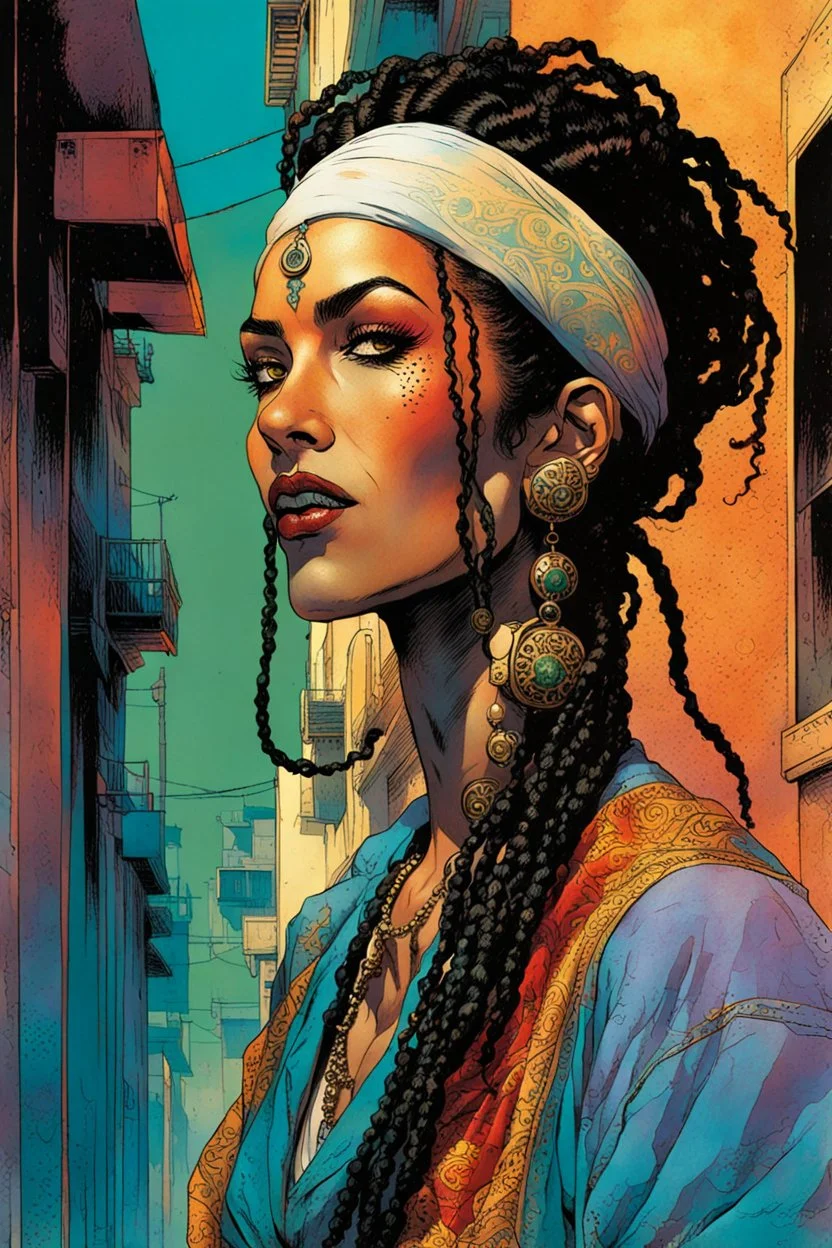 create an imaginative print illustration of a female, ornately dressed Moroccan pirate queen with finely detailed facial features, short dreadlock hair, in the backstreets of Casablanca, in the comic book art style of Bill Sienkiewicz, Mike Mignola, and Jean Giraud Moebius, finely textured, drawn, colored, and inked