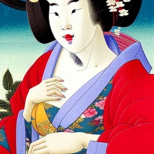 Retrato de cuerpo entero una Geisha Bella voluptuosa con kimono con el estilo de Sandro Botticelli